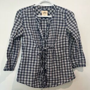Vintage Hollister Y2K Plaid Babydoll Top Ruffle Full Button Front